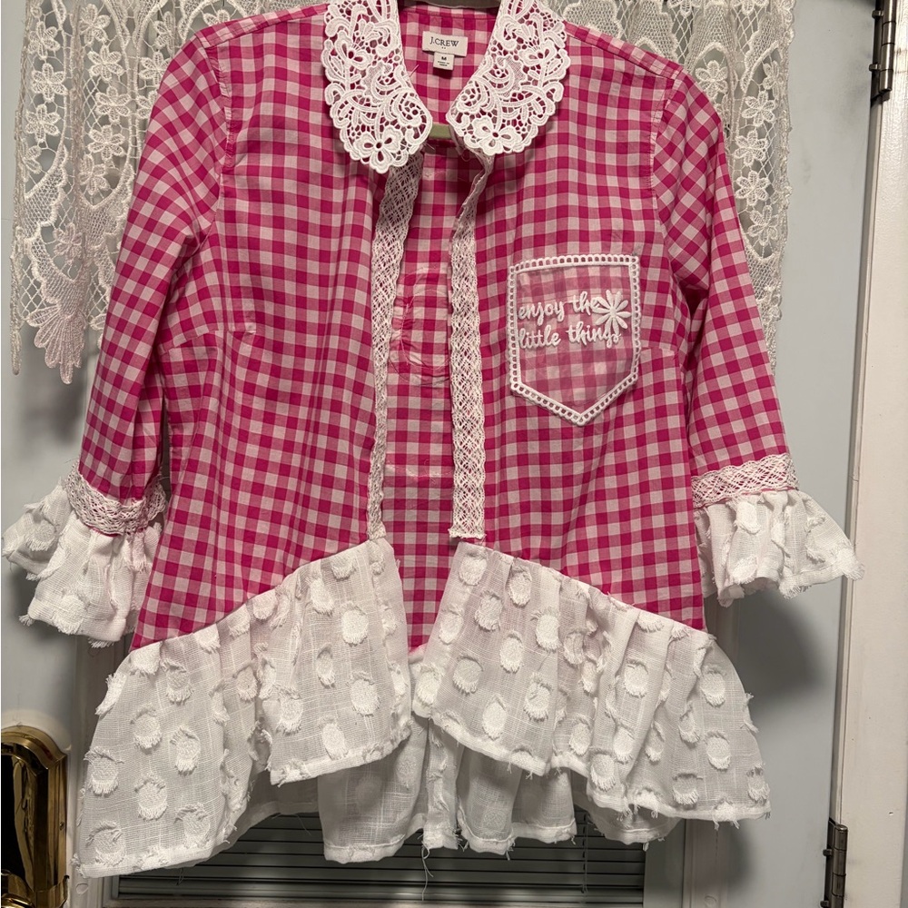 Pink and White Women’s Gingham Upcycled Top with Lace Details. Kimono
